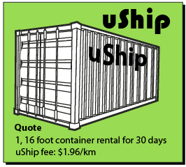This illustration shows the quote for a 16 foot container from uSHIP. The uSHIP fee is $1.96/km and includes a 30 day rental. 
