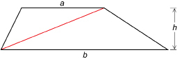 This illustration shows a trapezoid divided into two triangles. The dividing line runs from the lower-left vertex to the upper-right vertex. The upper base length is a, the lower base length is b, and the height is h.