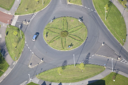 This photo is an aerial view of a traffic circle.