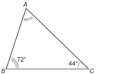 This illustration shows triangle ABC, with BC a horizontal line. Angle B is 72 degrees and angle C is 44 degrees.