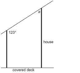 This illustration shows a covered deck attached to a house. The side of the covered deck is parallel to the side of the house. The angle between the side of the deck and the roof is 123 degrees. The angle between the roof and the wall of the house is labelled a.