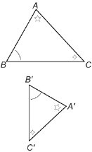 This illustration shows triangles ABC and A'B'C'. Angles A and A' are marked with five-pointed stars. Angles C and C' are marked with four-pointed stars. Triangle ABC is shown above triangle A'B'C', and is placed with side BC horizontal and point A above BC. Triangle A’B’C’ is placed so side B'C' is vertical and point A is to the right of B'C'.