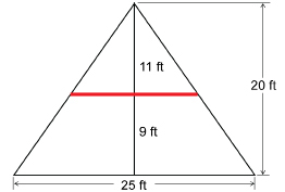 This illustration shows a triangle that is 20 feet tall and has a base that is 25 feet wide. A red line is drawn parallel to the base and 9 feet above the base.