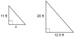 This illustration shows two right triangles with horizontal bases. The larger triangle has a base of 12.5 metres. The smaller triangle has a base of x metres. The right angles are at the left side of the triangles. The larger triangle has a vertical side of 20 feet. The smaller triangle has a vertical side of 11 feet. The upper angles of these triangles are the same.