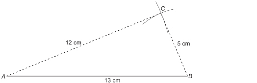 This illustration shows segment AB. It measures 13 centimetres in length with an arc of radius 12 centimetres centred at point A and an arc of radius 5 centimetres centred at B.
