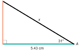 This illustration shows a right triangle with angle A and a measure of 31 degrees between one leg and the hypotenuse. The side opposite angle A is drawn in orange, and the side adjacent to angle A is drawn in green. The adjacent side measures 5.43 centimetres. The hypotenuse has length x.
