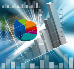 This image shows a composite illustration of a pie chart, bar graph, broken-line graph, columns of numbers, computer monitor, and dollar symbol.