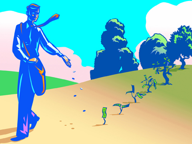 This shows an illustration of a man sowing coins in a field. In the man’s wake are money trees in different stages of growth.