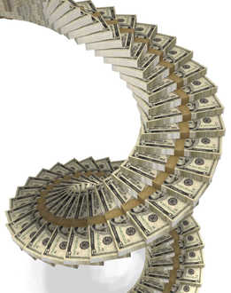 This shows a spiraling staircase composed of dollar bills.