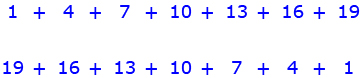 This shows the arithmetic series 1+4+7+10+13+16+19. Underneath, the same series is printed in reverse order. 