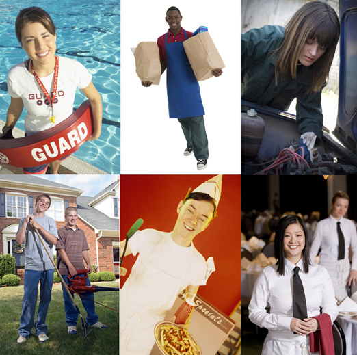 This is a photo collage of teens engaged in different jobs, including lifeguarding, landscaping, childcare, restaurant service, and mechanical.