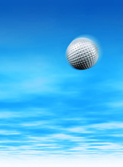 This shows a photo of a golf ball set against a blue background.