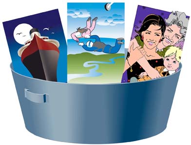 This shows three illustrations in a bucket: a cruise ship at night, a couple skydiving, and a portrait of three generations of women in a family.