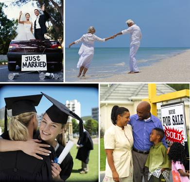 This is a photo collage of a college graduate embracing a friend, a bride and groom in a convertible, a family in front of a new home, and a retired couple on the beach.