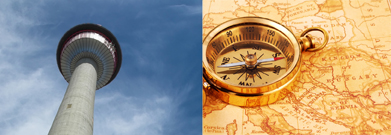 This is a photo collage showing the Calgary Tower and an image of a compass sitting on a map.