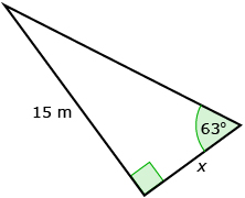 This is an image of a right triangle. One angle is marked as 63 degrees with the opposite side marked as 15 metres and the adjacent side marked as x.