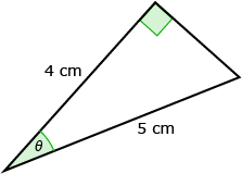 This is an image of a right triangle. The hypotenuse is marked as 5 centimetres. One other side is marked as 4 centimetres. The angle included by these two sides is marked as theta.