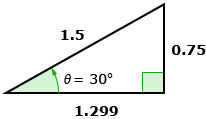 This is a graphic of a right triangle with 30-degree and 60-degree angles. The hypotenuse is labelled 1.5, the side opposite the 30-degree angle is labelled 0.75, and the third side is labelled 1.299.