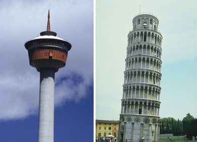 This shows two photos: one of the Calgary Tower and one of the Leaning Tower of Pisa.