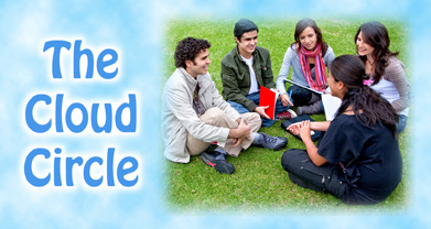 This is a photo of young people sitting in a circle and talking to one another. Next to the photo are the words “The Cloud Circle.”