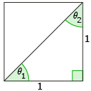 This sketch shows a square with side length 1 unit and one diagonal drawn. The diagonal splits the square into two right triangles. The non-90-degree angles in the bottom triangle are labelled theta sub 1 and theta sub 2.