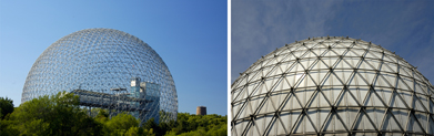 Two photos show geodesic domes. 