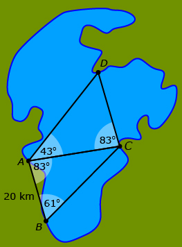This is a map showing Lake Claire, Alberta. Four possible trig-point locations are marked. The trig points have been connected to form 2 triangles: triangle ABC and triangle ACD. These triangles share side AC. In triangle ABC the following measurements are given: angle A equals 83 degrees, angle B equals 61 degrees, and side AB is 20 kilometres. In triangle ACD the following measurements are given: angle A is 43 degrees and angle C is 83 degrees.
