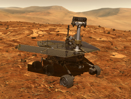 This is an artist’s concept of a NASA Mars exploration rover on the surface of Mars.