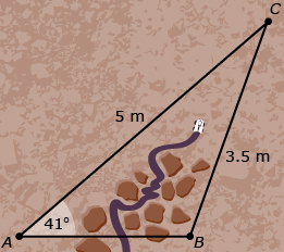 This is a graphic showing a Mars-like terrain with oblique triangle ABC superimposed. Angle A is 41 degrees, side AC is 5 metres, and side BC is 3.5 metres.