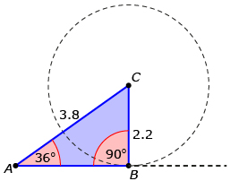 This is a sketch of right triangle ABC. Angle A is 36 degrees, angle B is 90 degrees, side AC is 3.8, and side BC is 2.2. Side AB is on top of a line that is tangent to a circle with radius BC.