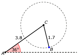 This sketch includes a horizontal dotted line with point A at the left. Point C is positioned so side AC has a length of 3.8 and forms a 36-degree angle with the dotted line. Point C is also the centre of a circle with radius BC. BC is 1.7 units long.