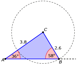This is a sketch of triangle ABC. Angle A is 36 degrees, angle B is 58 degrees, side AC is 3.8, and side BC is 2.6. Point C is the centre of a circle with radius BC.