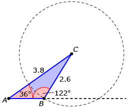 This is a sketch of triangle ABC. Angle A is 36 degrees, angle B is 122 degrees, side AC is 3.8, and side BC is 2.6. Point C is the centre of a circle with radius BC.