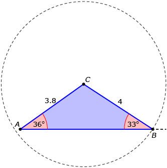 This is a sketch of triangle ABC. Angle A is 36 degrees, angle B is 33 degrees, side AC is 3.8, and side BC is 4. Point C is the centre of a circle with radius BC.