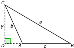 This is a sketch of an obtuse triangle with vertices A, B, C, and corresponding sides a, b, c. Angle A is obtuse. A right triangle has been created by extending segment AB past vertex A until it meets a perpendicular segment from vertex C. This perpendicular segment is labelled y.