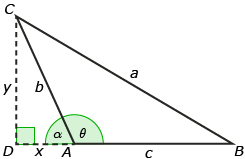 This is a picture of an obtuse triangle with vertices A, B, C, and corresponding sides a, b, c. Angle A is obtuse. Right triangle ACD has been created by extending segment AB past vertex A until it meets a perpendicular segment from vertex C, at point D. Segment CD is labelled y, segment AD is labelled x, angle DAC is labelled alpha, and angle BAC is labelled theta.