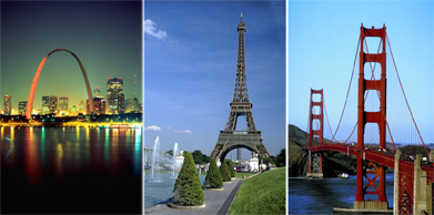This is a photo collage of the Gateway Arch over the Mississippi River, the Eiffel Tower in Paris, and the Golden Gate Bridge in San Francisco.