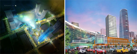 This shows a photo collage of an artist’s conception of two views of a proposed arena district in Edmonton, Alberta.