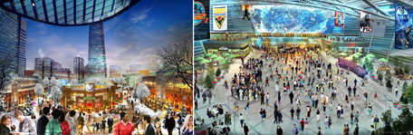 This is a photo collage of an artist’s conception of two additional views of a proposed arena district in Edmonton, Alberta.