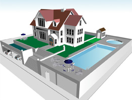 This shows an illustration of a Tudor-style home on top of a large rectangular pad. Under the pad are garages and storage areas. A swimming pool and hot tub are built into the pad.
