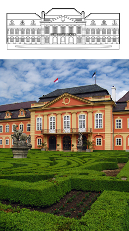 This is a photo and a sketch of a palace with a hedge maze. 