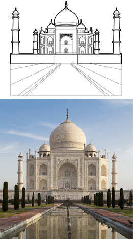 This is a sketch and a photo of a palace with water and shrubbery as architectural features.