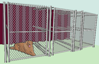 This shows a photo of a dog kennel with three distinct compartments. There is a dog in one of the compartments.