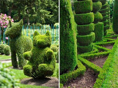 This shows a photo collage of pruned shrubs. In the photo on the left, the shrubs are shaped to look like a unicorn and a bear.