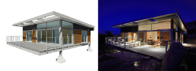 This is an artist’s rendering of a prefabricated house and a photo of the house once built.