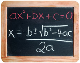 This shows a photo of a student’s chalkboard. The quadratic equation ax squared plus bx plus c equals zero is written above the quadratic formula.