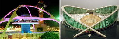 This shows a photo of the Los Angeles airport, LAX, and a model of the J.S. Dorton Arena in North Carolina.