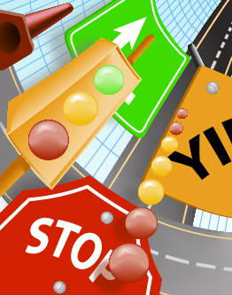 This shows an abstract Illustration of traffic lights on a grid background.