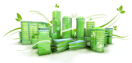 This is an image of a futuristic environmentally friendly group of buildings.