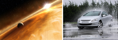 This shows a photo collage. One image shows an artist’s conception of exoplanet Fomalhaut b, which is a planet outside of Earth’s solar system. The other photo shows a car skidding on a road with water on it.